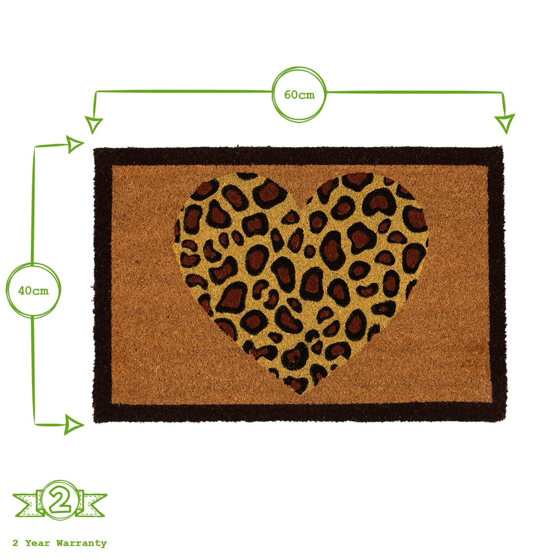 60cm x 40cm Leopard Print Heart Coir Door Mat - By Nicola Spring