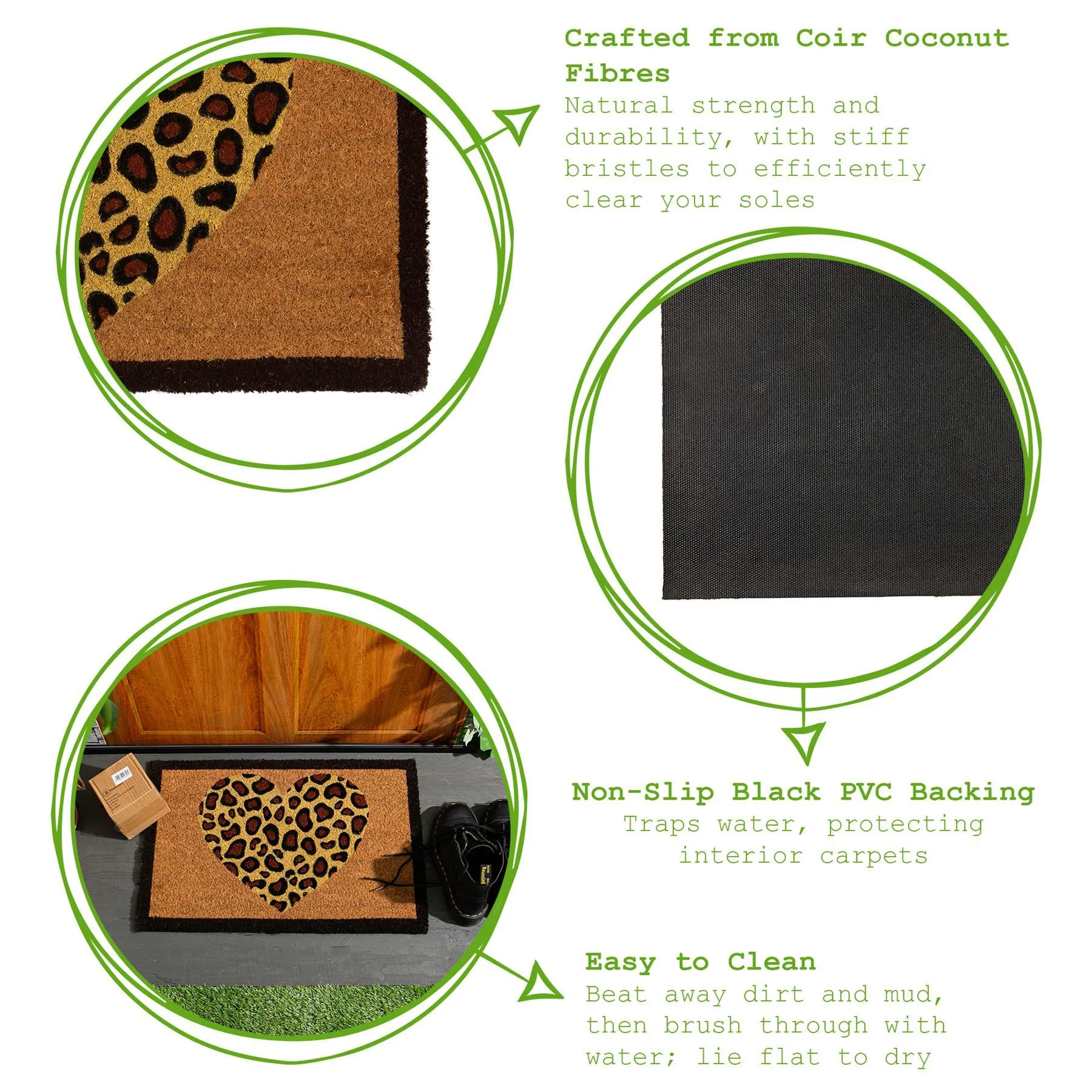 60cm x 40cm Leopard Print Heart Coir Door Mat - By Nicola Spring