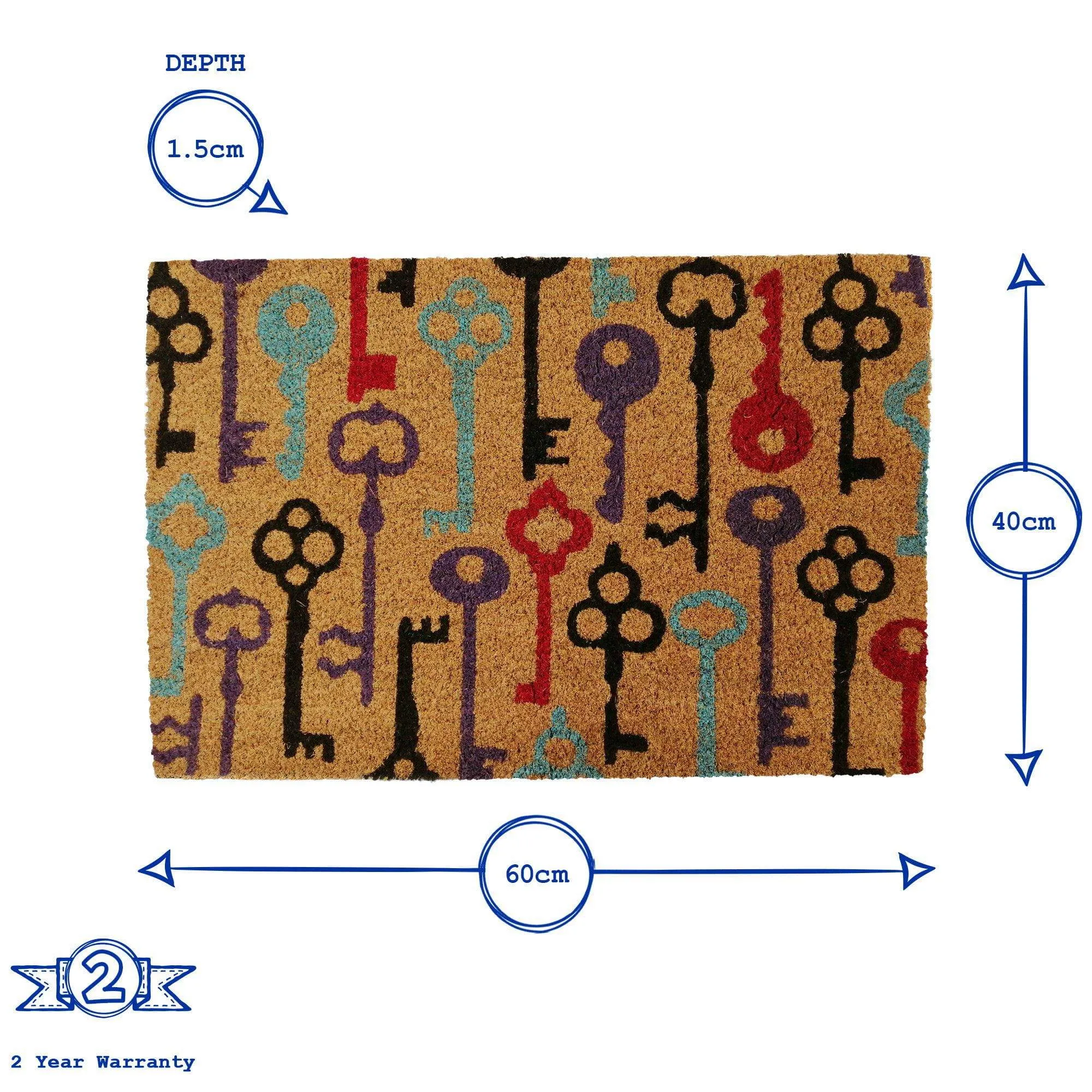 60cm x 40cm Multicoloured Keys Coir Door Mat - By Nicola Spring