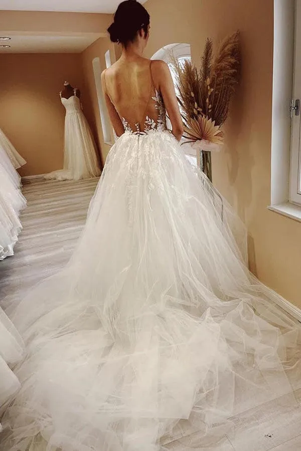 A-line Tulle Sheer Neck Beach Wedding Dress With Lace Appliques TN378