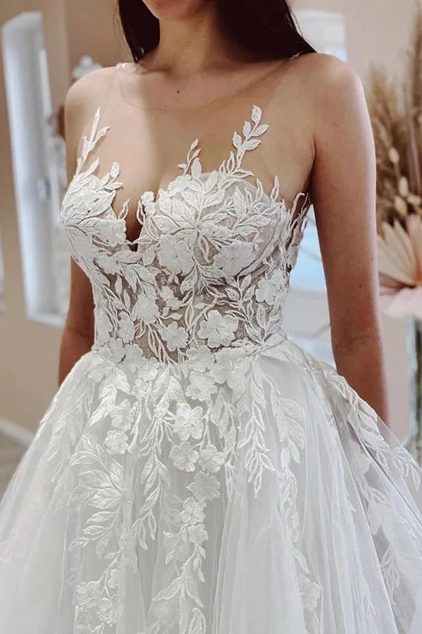 A-line Tulle Sheer Neck Beach Wedding Dress With Lace Appliques TN378