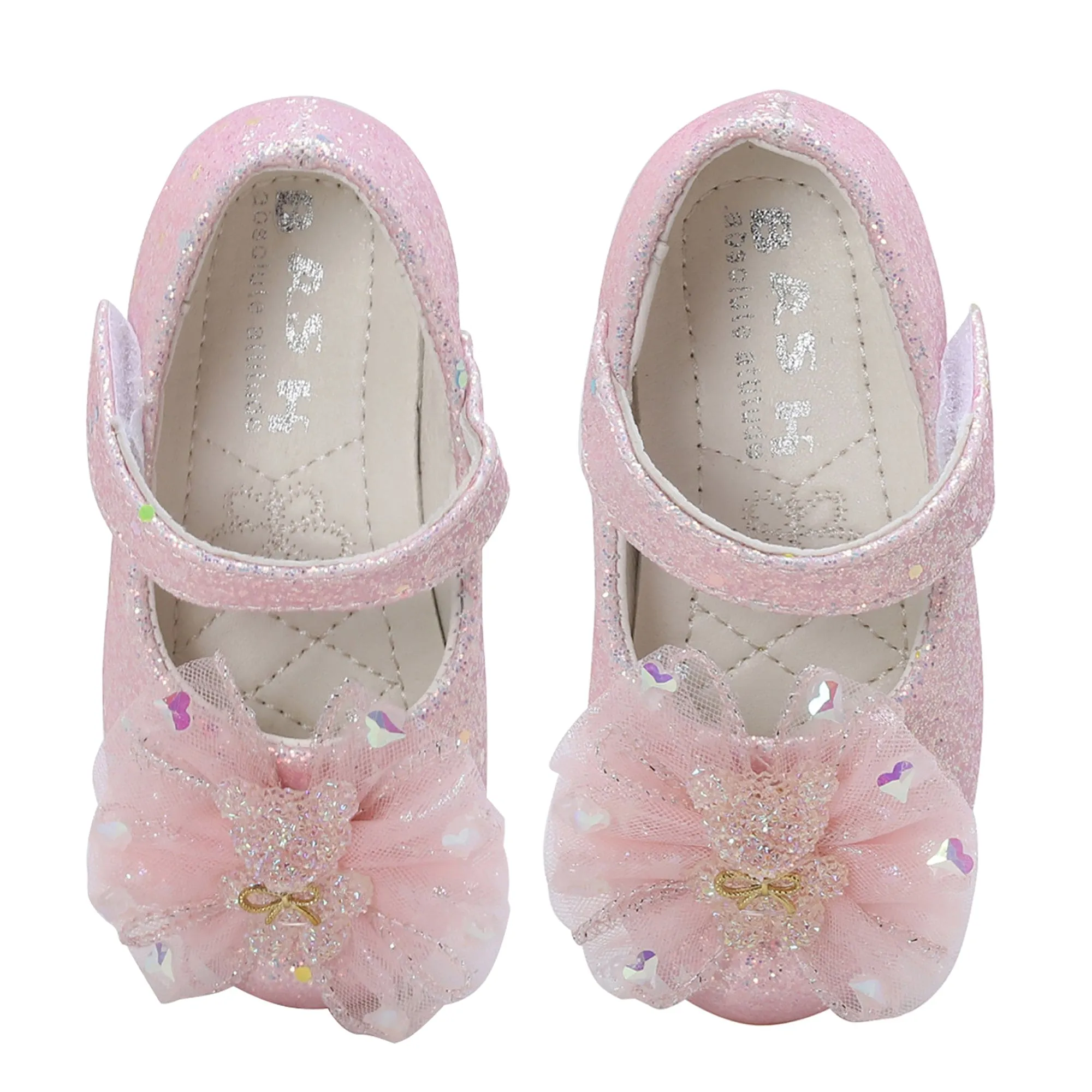 Baby Moo Embellished Bow Sequin Mary Jane Velcro Strap Anti-Skid Ballerina Shoes - Pink
