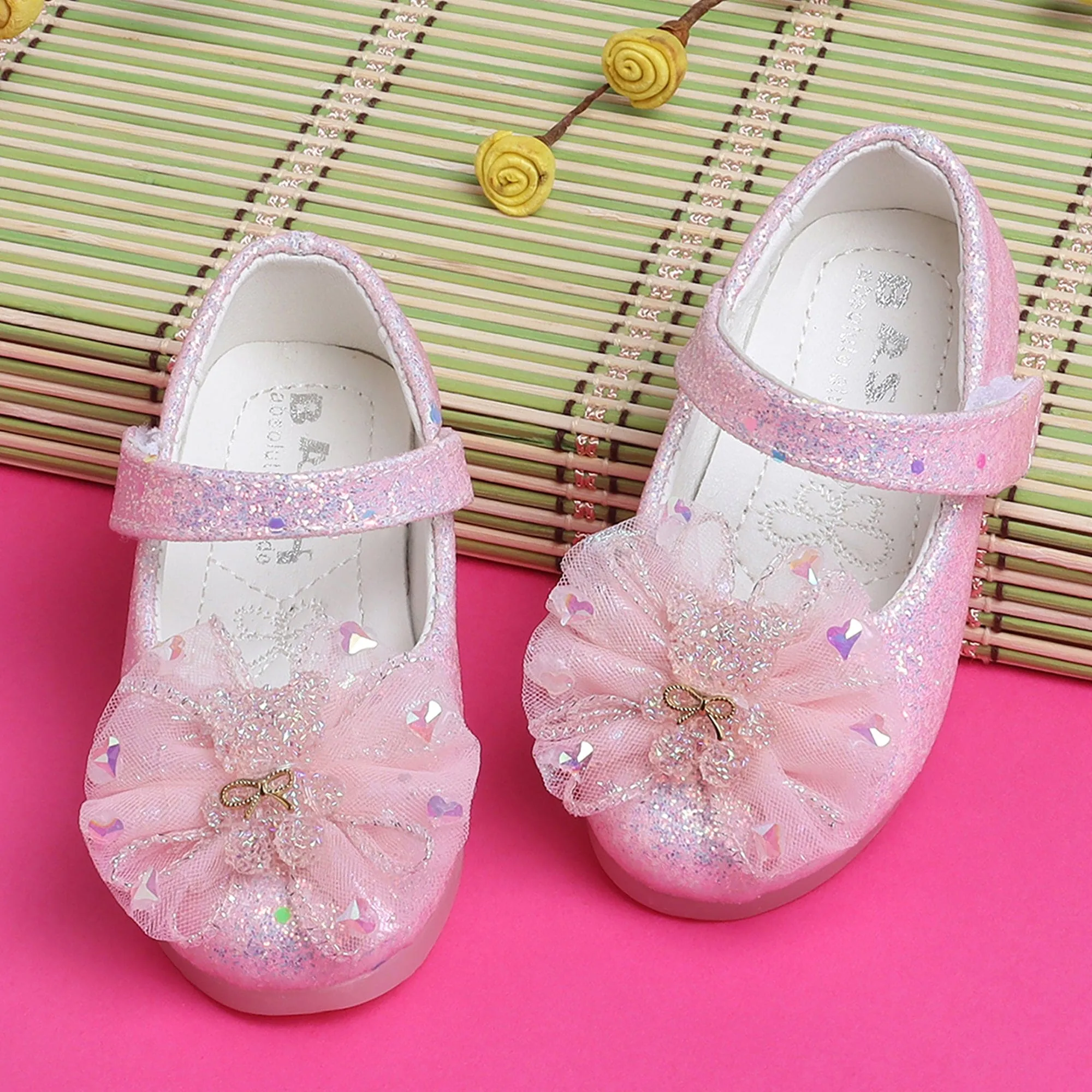 Baby Moo Embellished Bow Sequin Mary Jane Velcro Strap Anti-Skid Ballerina Shoes - Pink