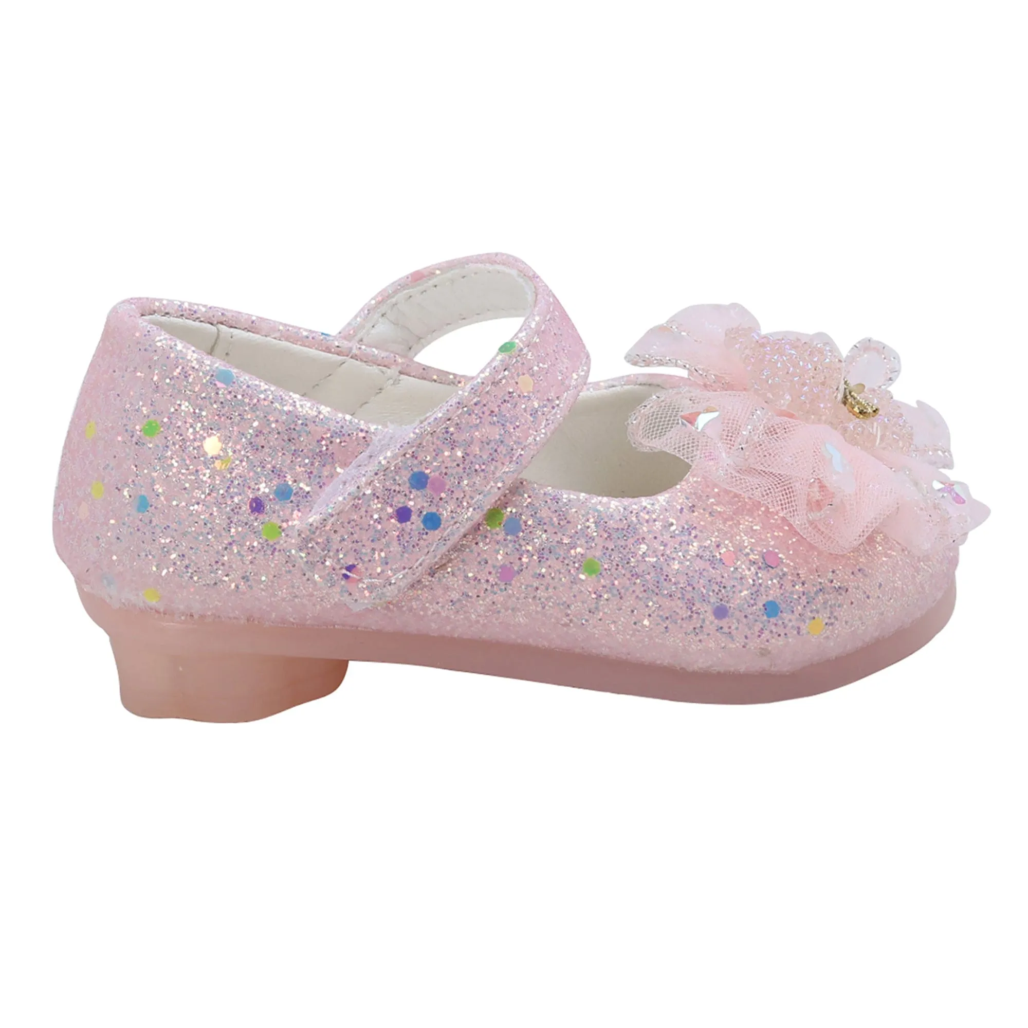Baby Moo Embellished Bow Sequin Mary Jane Velcro Strap Anti-Skid Ballerina Shoes - Pink