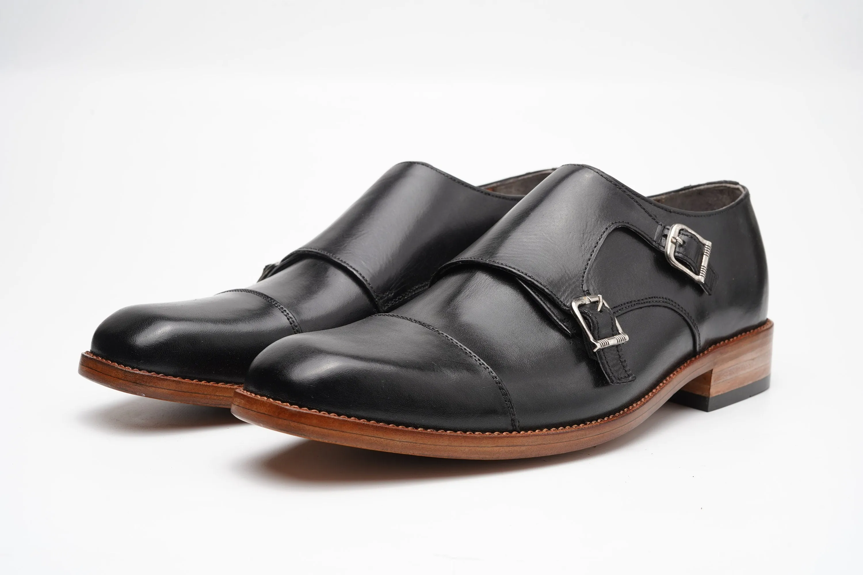 Black Double Buckle Cap Toe Monk Custom Made-To-Order Shoes  Premium Quality Handmade