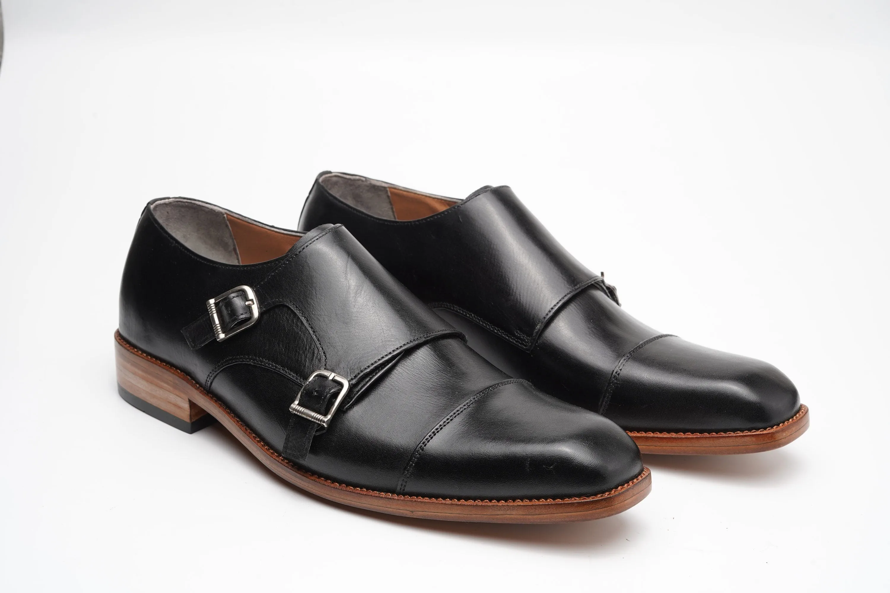 Black Double Buckle Cap Toe Monk Custom Made-To-Order Shoes  Premium Quality Handmade