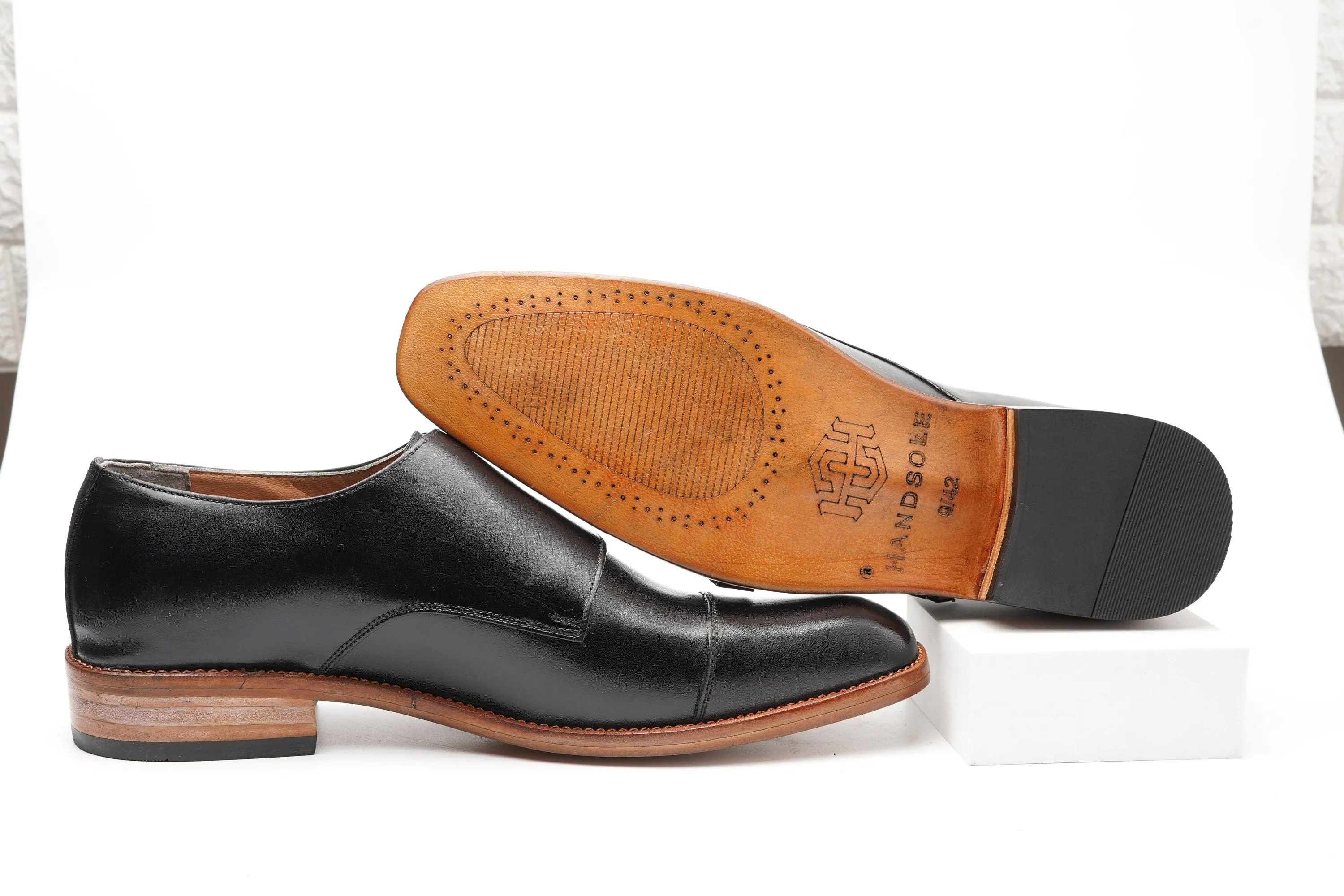 Black Double Buckle Cap Toe Monk Custom Made-To-Order Shoes  Premium Quality Handmade
