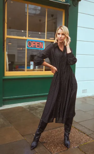 Black Metallic Chevron Midaxi Shirt Dress by Vogue Williams