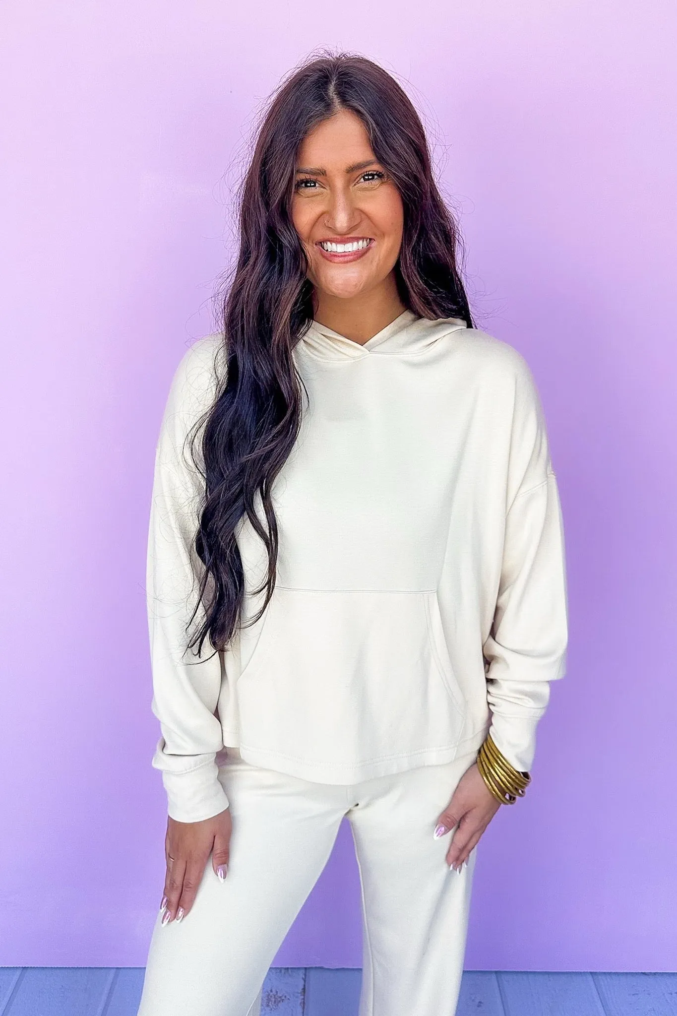 Buttery Soft Kangaroo Pocket Lightweight Cream Hoodie