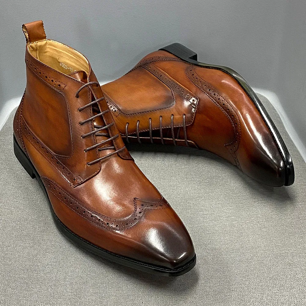 Classic Calfskin Real Leather Cowboy Boot Mens Lace Up Wingtip Pointed Toe Ankle Boots High Cut Formal Derby Shoes for Men