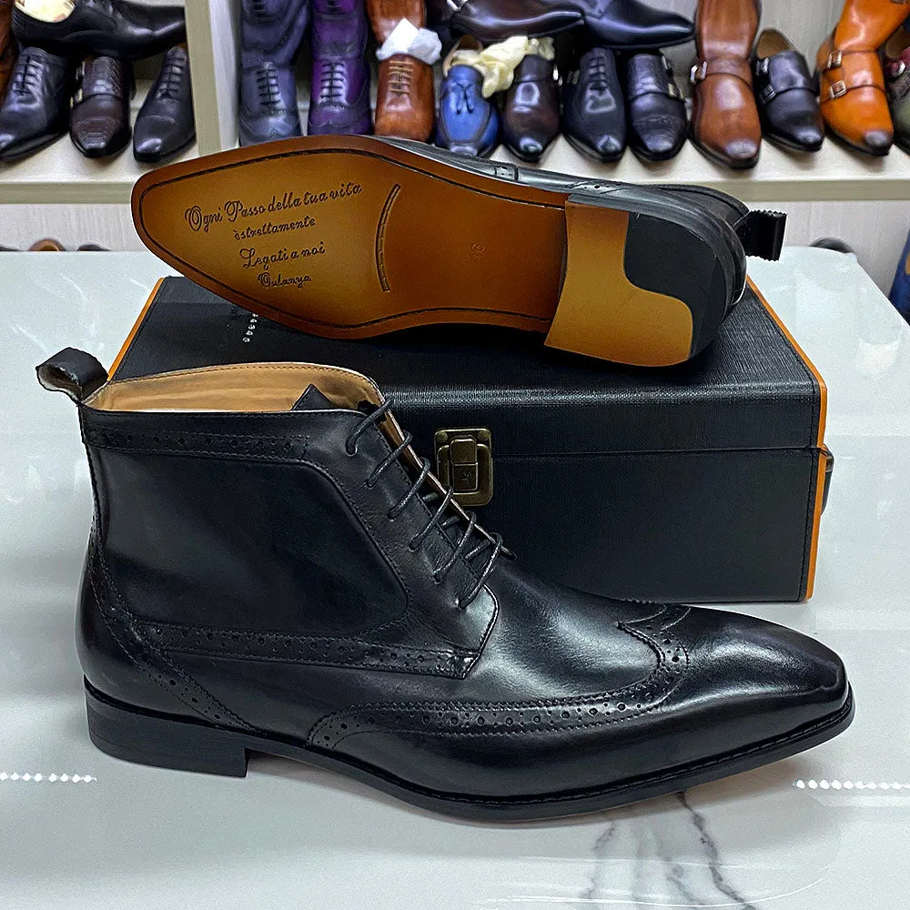 Classic Calfskin Real Leather Cowboy Boot Mens Lace Up Wingtip Pointed Toe Ankle Boots High Cut Formal Derby Shoes for Men