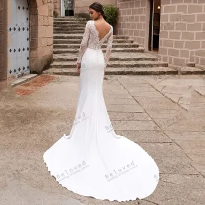 Classic Satin Lace Appliques Backless Mermaid Wedding Dress