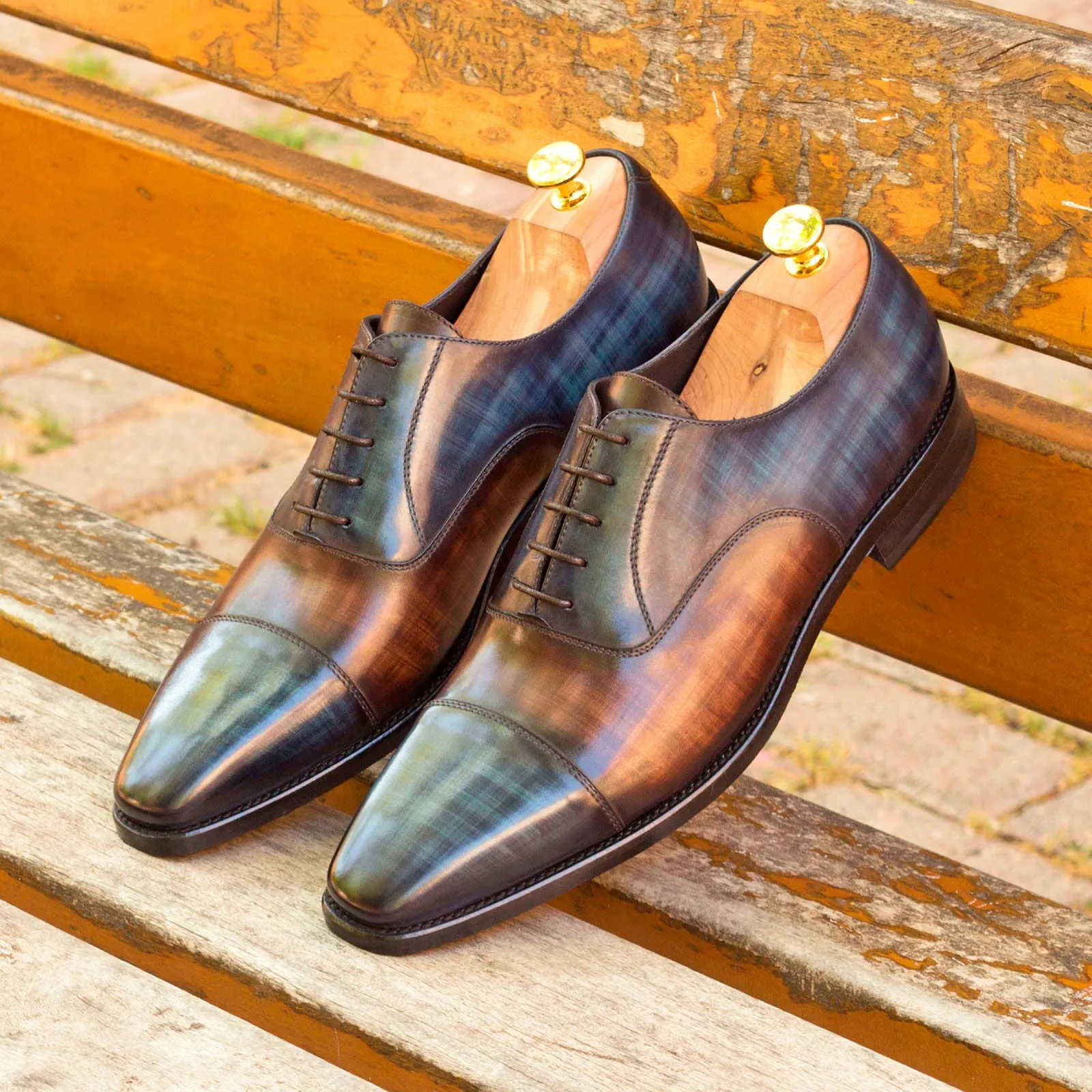 DapperFam Rafael in Denim / Brown Men's Hand-Painted Patina Oxford