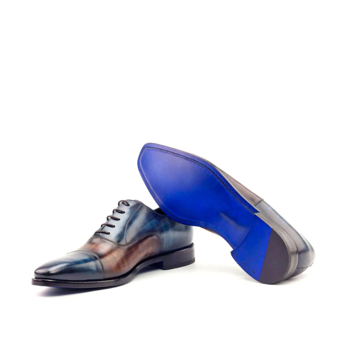 DapperFam Rafael in Denim / Brown Men's Hand-Painted Patina Oxford