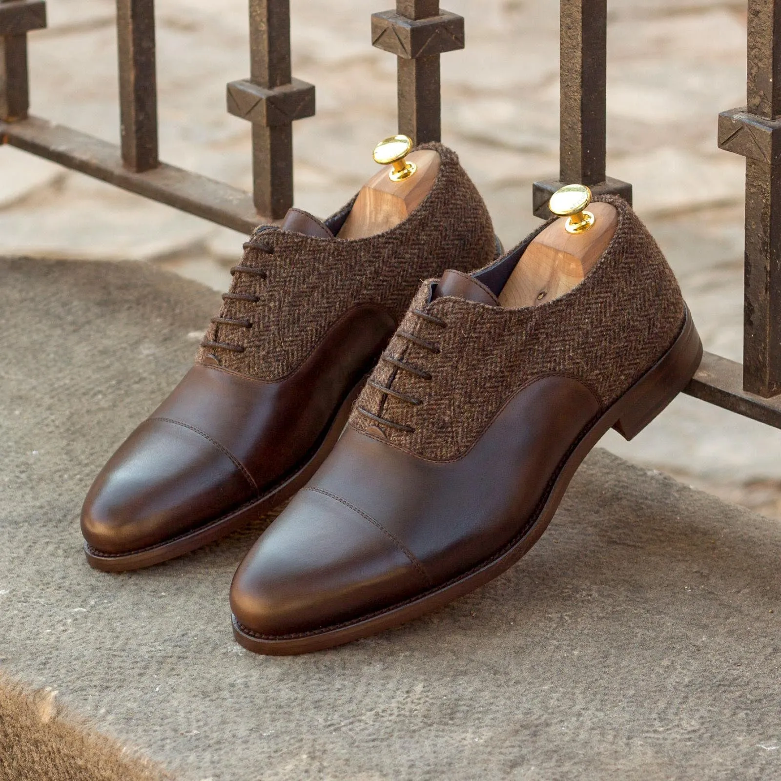 DapperFam Rafael in Herringbone / Dark Brown Men's Sartorial & Italian Leather Oxford