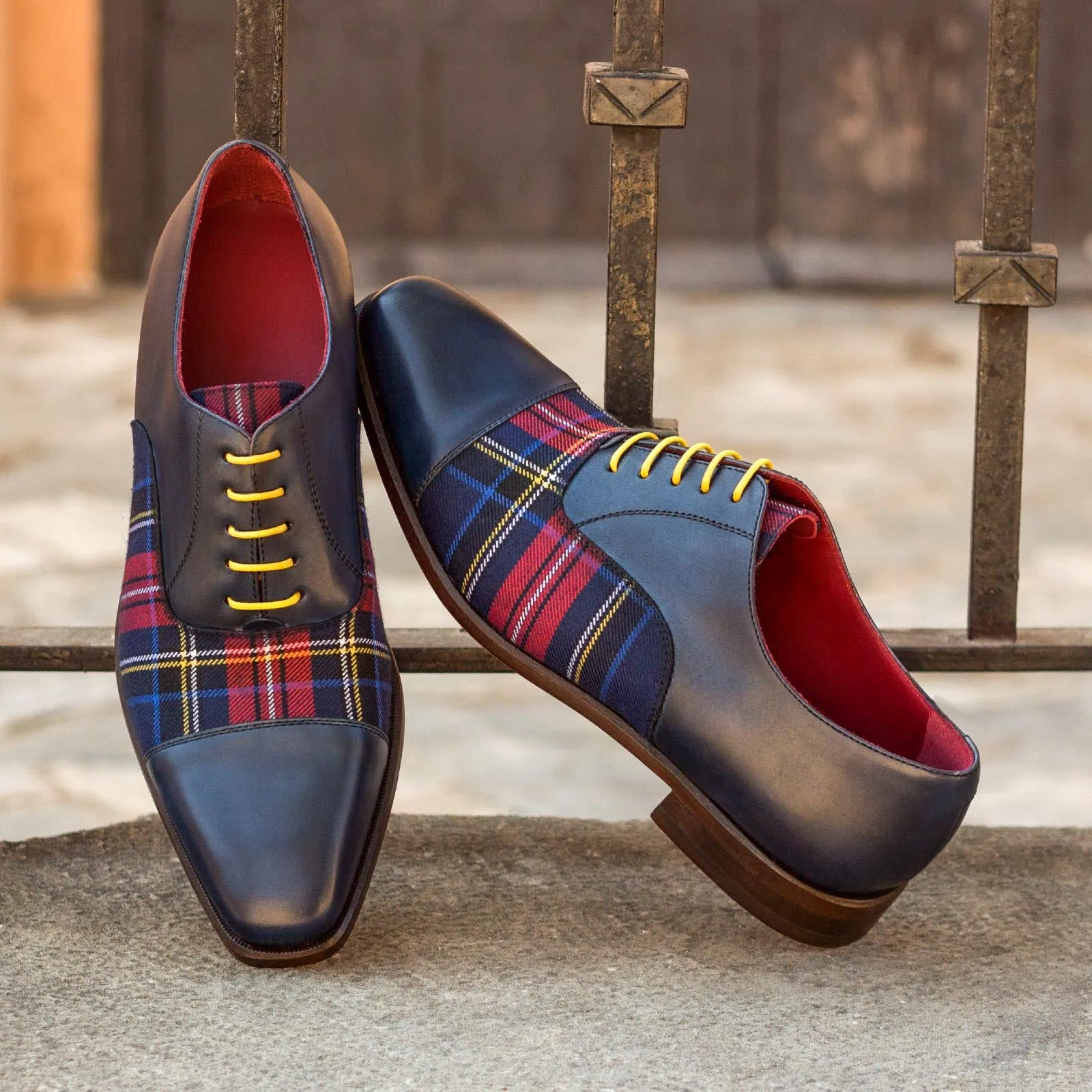 DapperFam Rafael in Tartan / Navy Men's Sartorial & Italian Leather Oxford