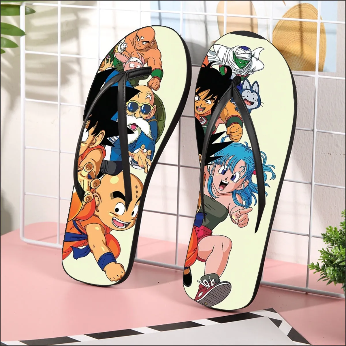 DBZ Kid Goku Master Roshi Bulma Krillin Chasing Dragon Ball Funny Flip Flops