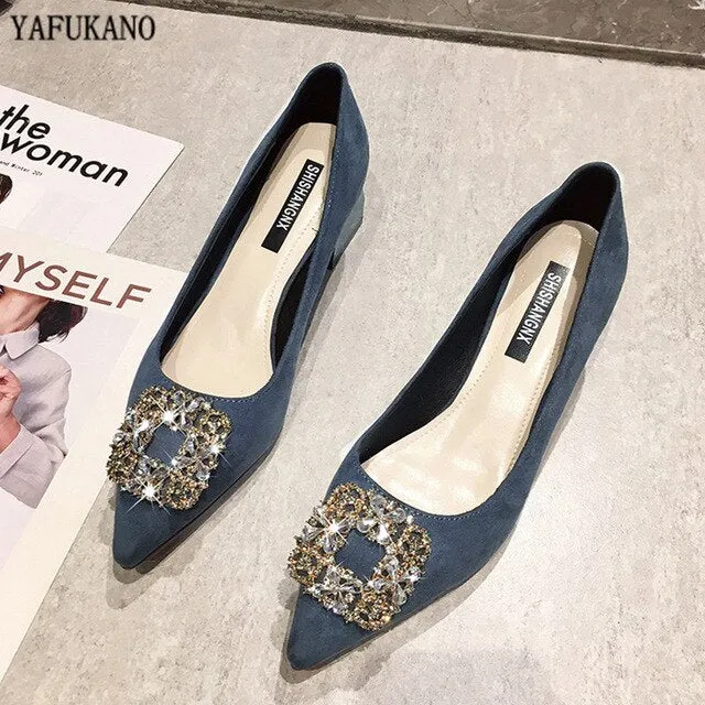 Elegant Rhinestone Decoration Women Pumps 2020 New Chunky Heel High Heels Fashion Suede Mid-Heel Shallow Mouth Work Single Shoes
