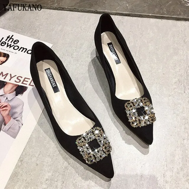 Elegant Rhinestone Decoration Women Pumps 2020 New Chunky Heel High Heels Fashion Suede Mid-Heel Shallow Mouth Work Single Shoes