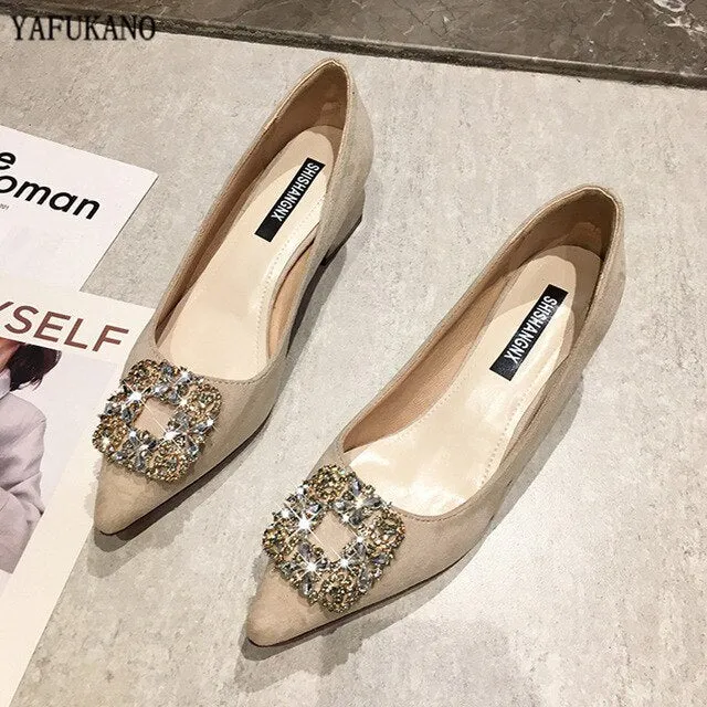Elegant Rhinestone Decoration Women Pumps 2020 New Chunky Heel High Heels Fashion Suede Mid-Heel Shallow Mouth Work Single Shoes