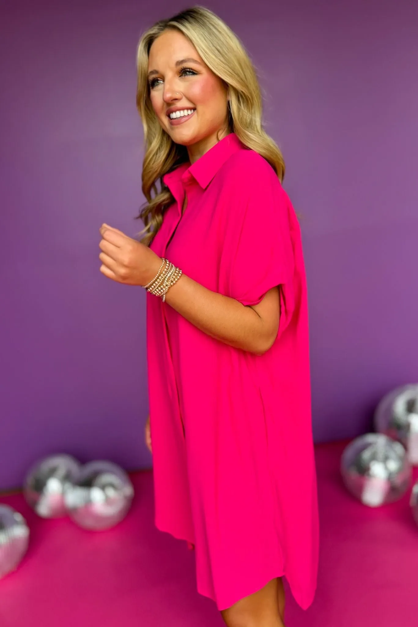 Fuchsia Collared Button Down High Low Hem Shirt Dress