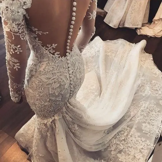 Mermaid Ivory Lace  Sweep/Brush Train Scoop Long Sleeve Wedding Dress WD495