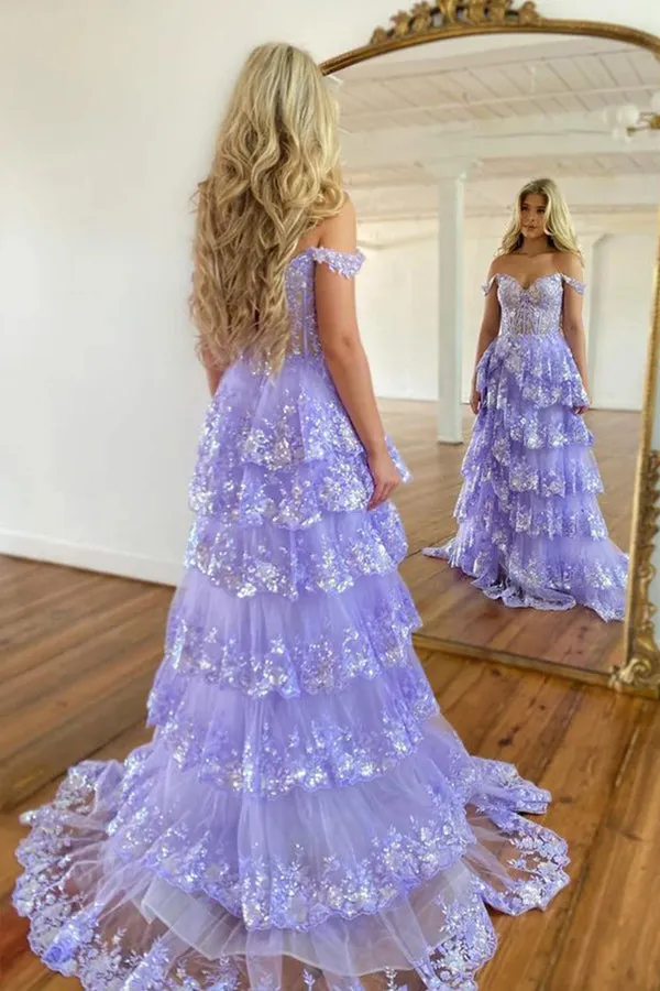 Princess Lace Tiered Blue Prom Dress With Lace Ruffles TP1288