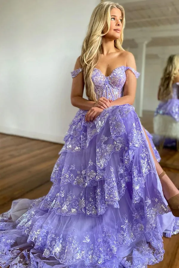 Princess Lace Tiered Blue Prom Dress With Lace Ruffles TP1288