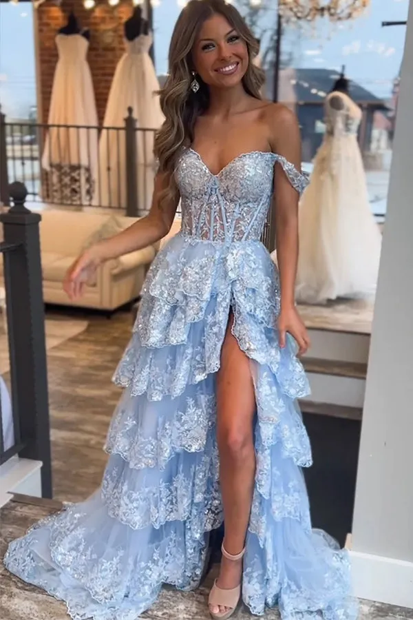 Princess Lace Tiered Blue Prom Dress With Lace Ruffles TP1288