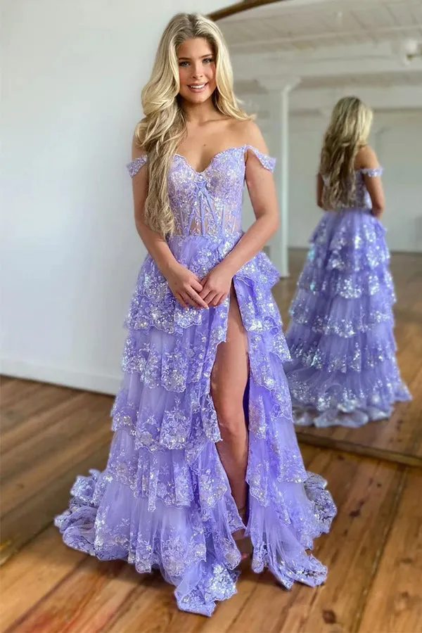 Princess Lace Tiered Blue Prom Dress With Lace Ruffles TP1288