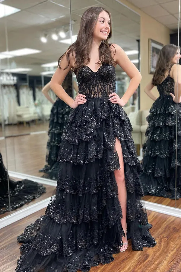 Princess Lace Tiered Blue Prom Dress With Lace Ruffles TP1288