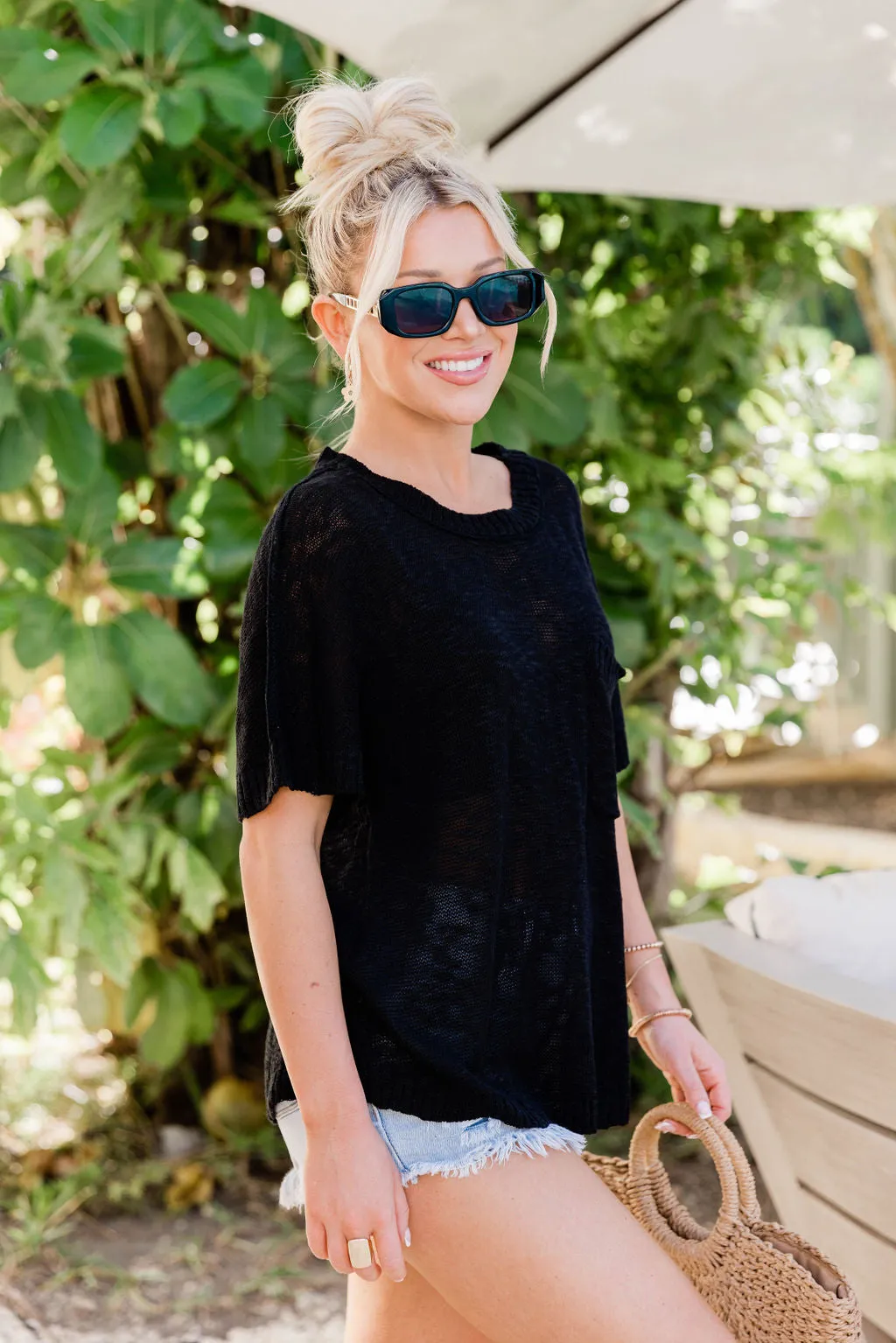 Read My Mind Black Short Sleeve Lightweight Pocketed Sweater FINAL SALE