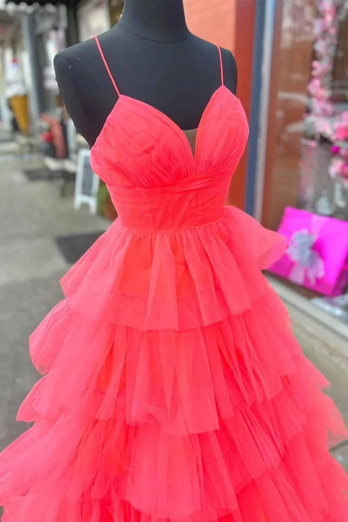 Red Layers A-line Plunging V Neck Long Prom Dress TP1267