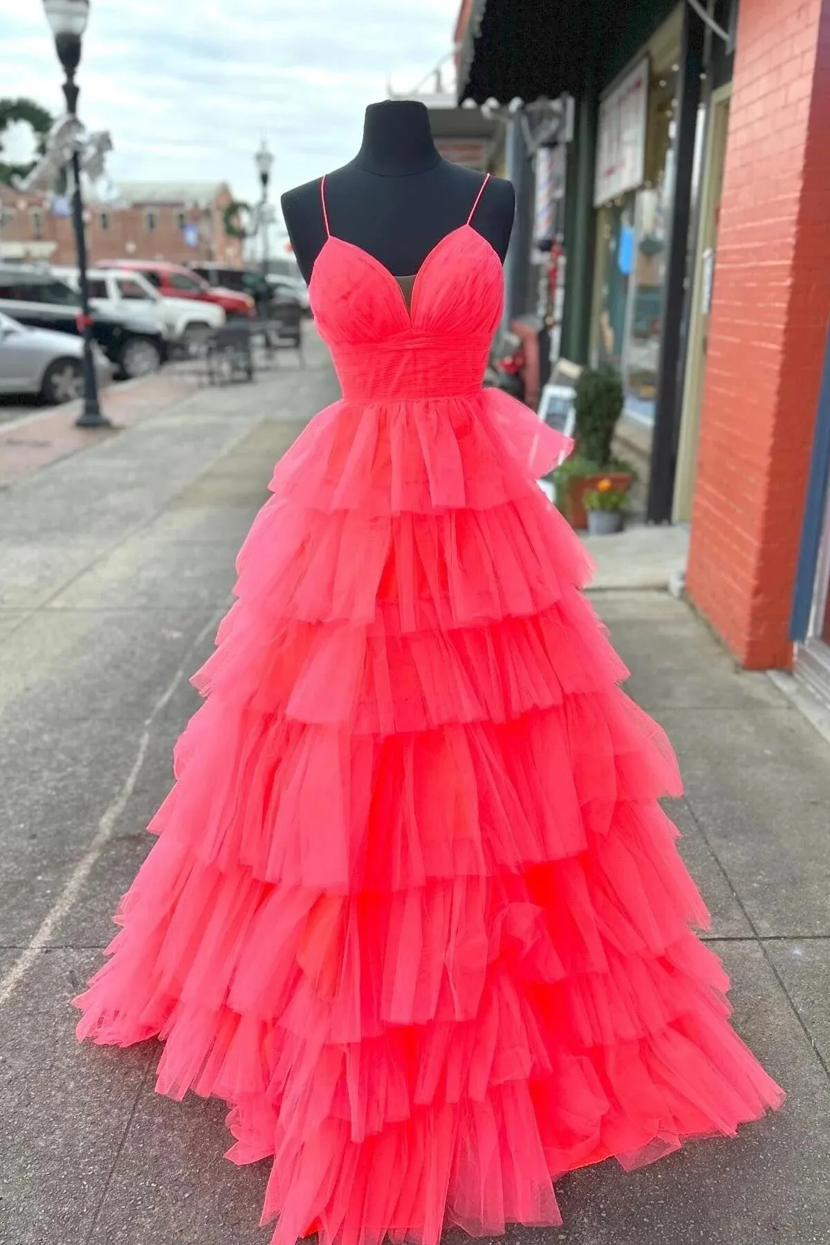 Red Layers A-line Plunging V Neck Long Prom Dress TP1267