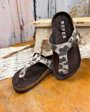 Roper Women's Helena Leopard Brown and Creme Suede Leather Thong Sandal 0607-3151