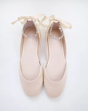 Satin Round Toe Evening Flat with Amaryllis Strap
