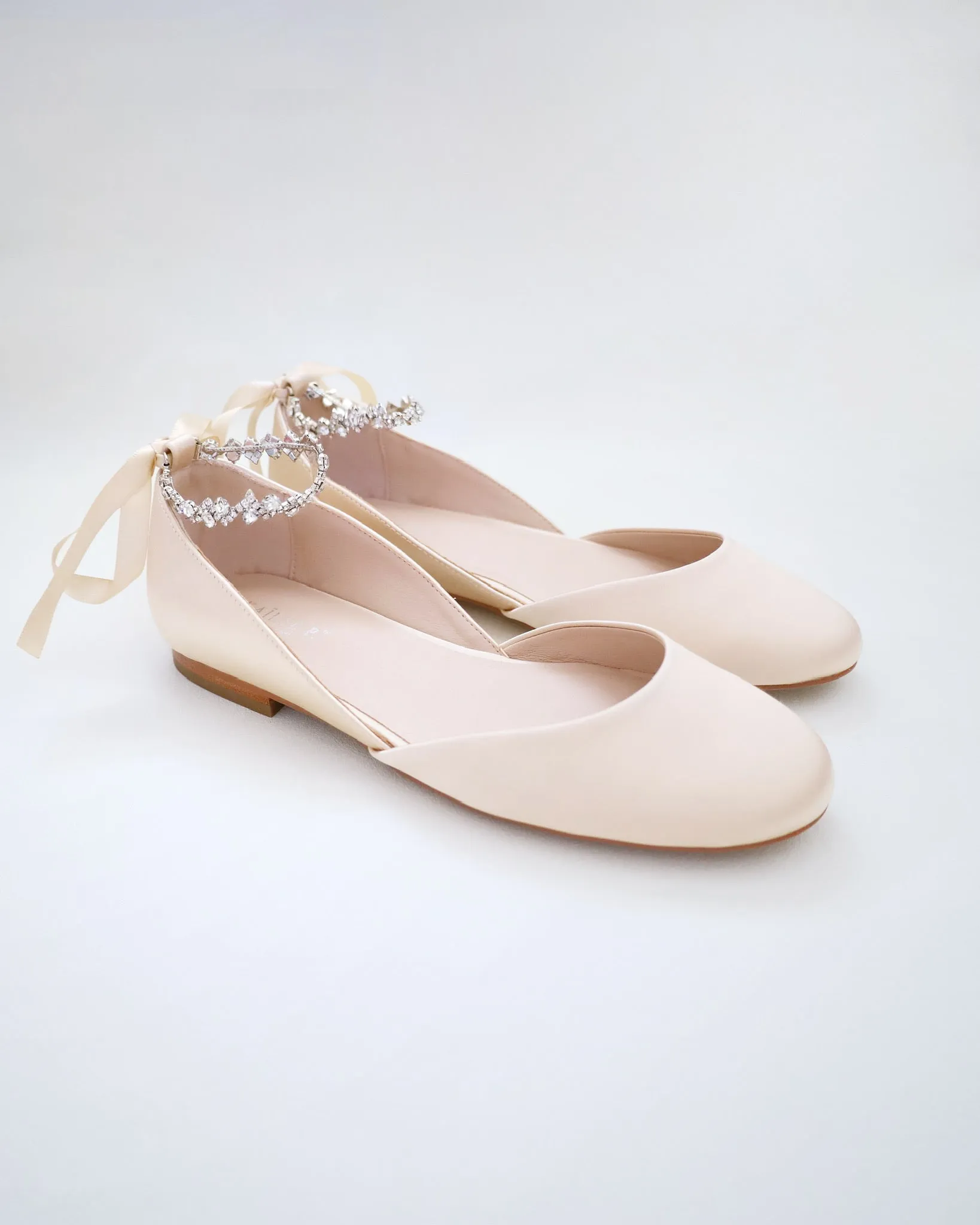 Satin Round Toe Evening Flat with Amaryllis Strap