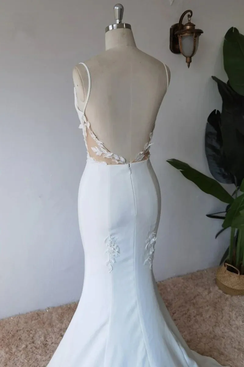 Simple Spaghetti Straps Satin Mermaid Ivory Wedding Dress Bridal Gown TN382
