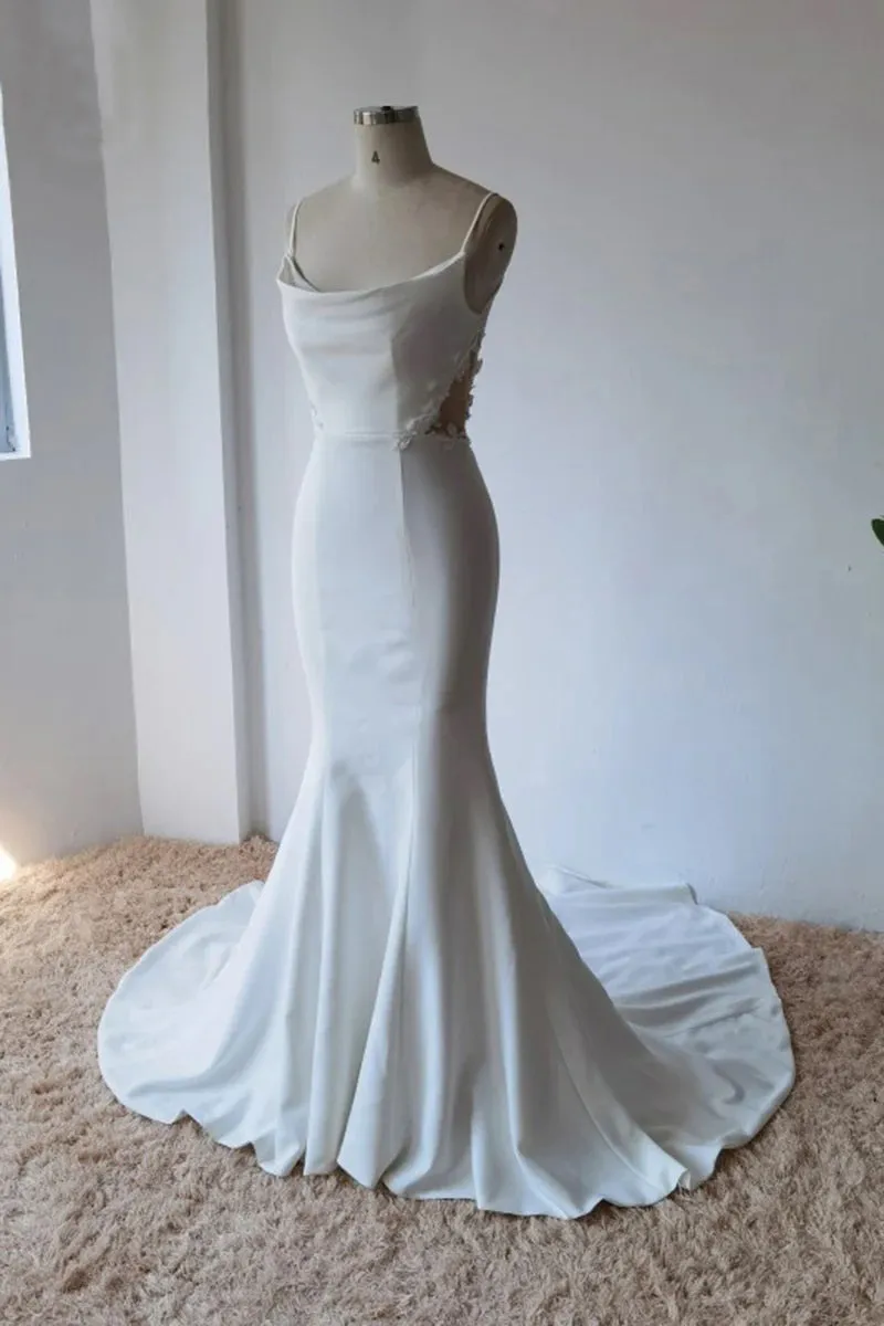 Simple Spaghetti Straps Satin Mermaid Ivory Wedding Dress Bridal Gown TN382