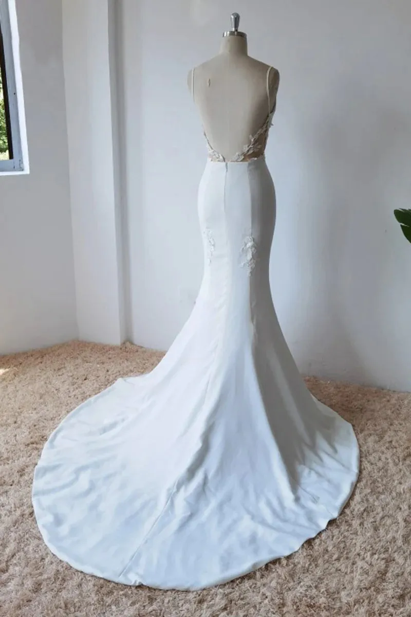 Simple Spaghetti Straps Satin Mermaid Ivory Wedding Dress Bridal Gown TN382