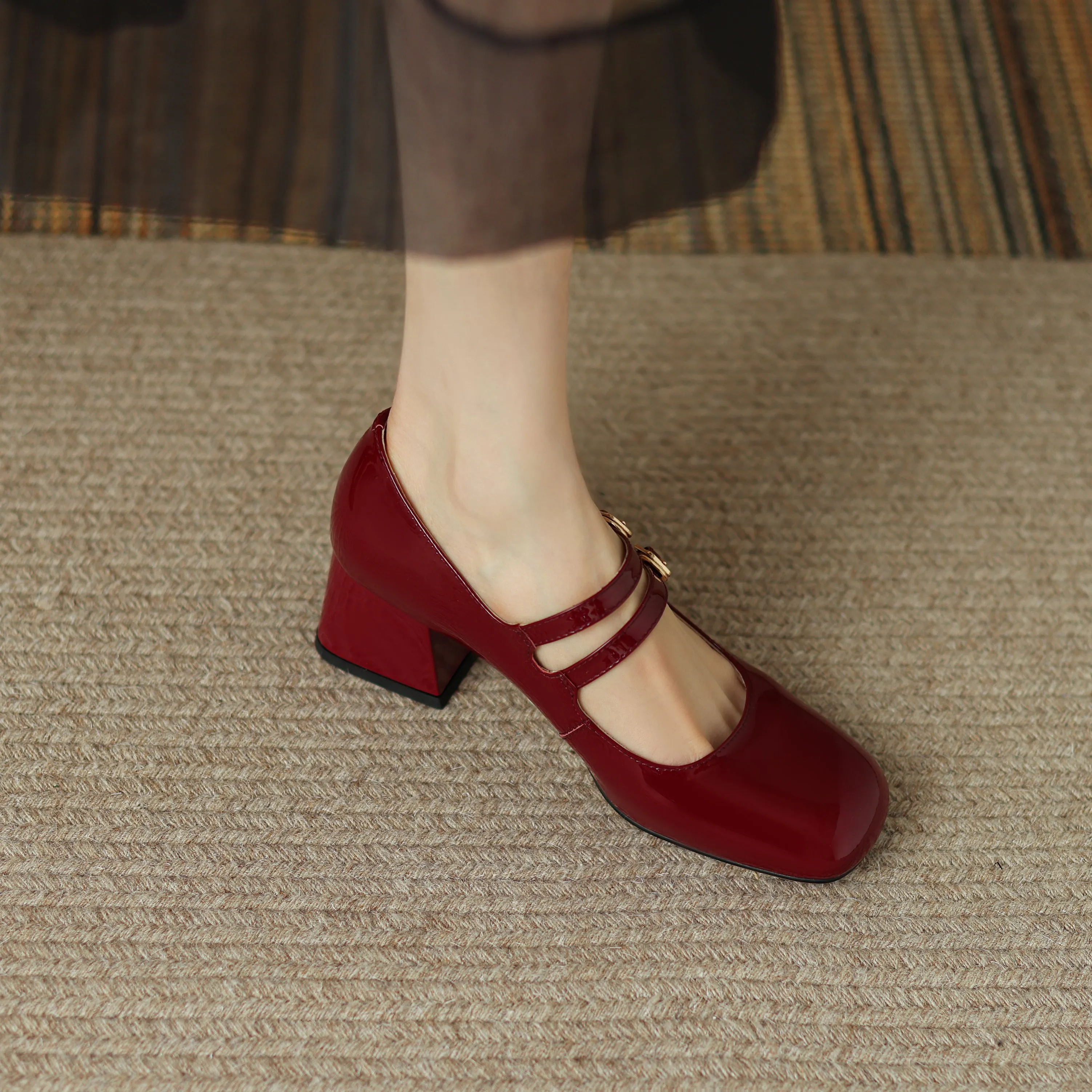 Womens Handmade Leather Square Toe Block Heels Mary Jane Shoes