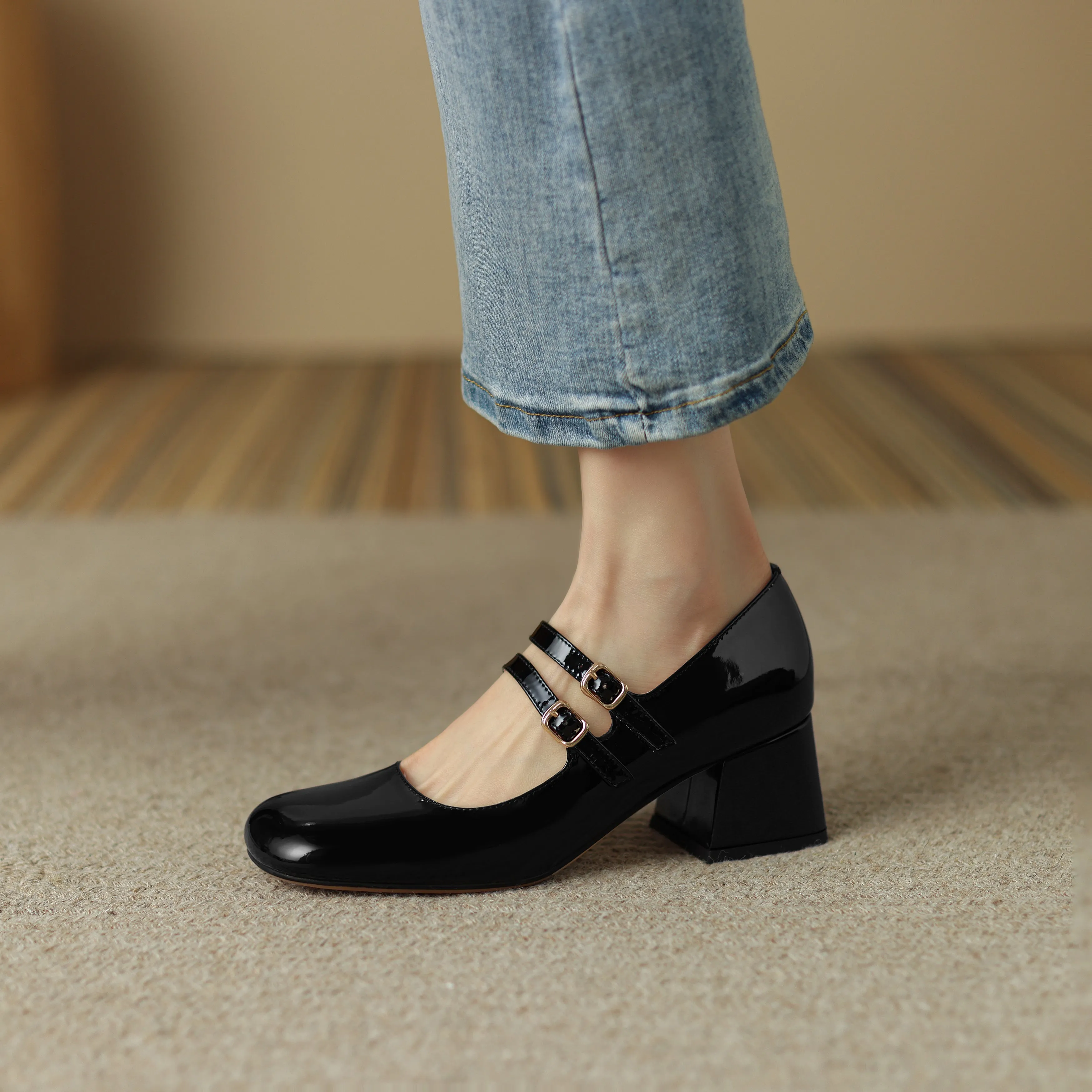 Womens Handmade Leather Square Toe Block Heels Mary Jane Shoes