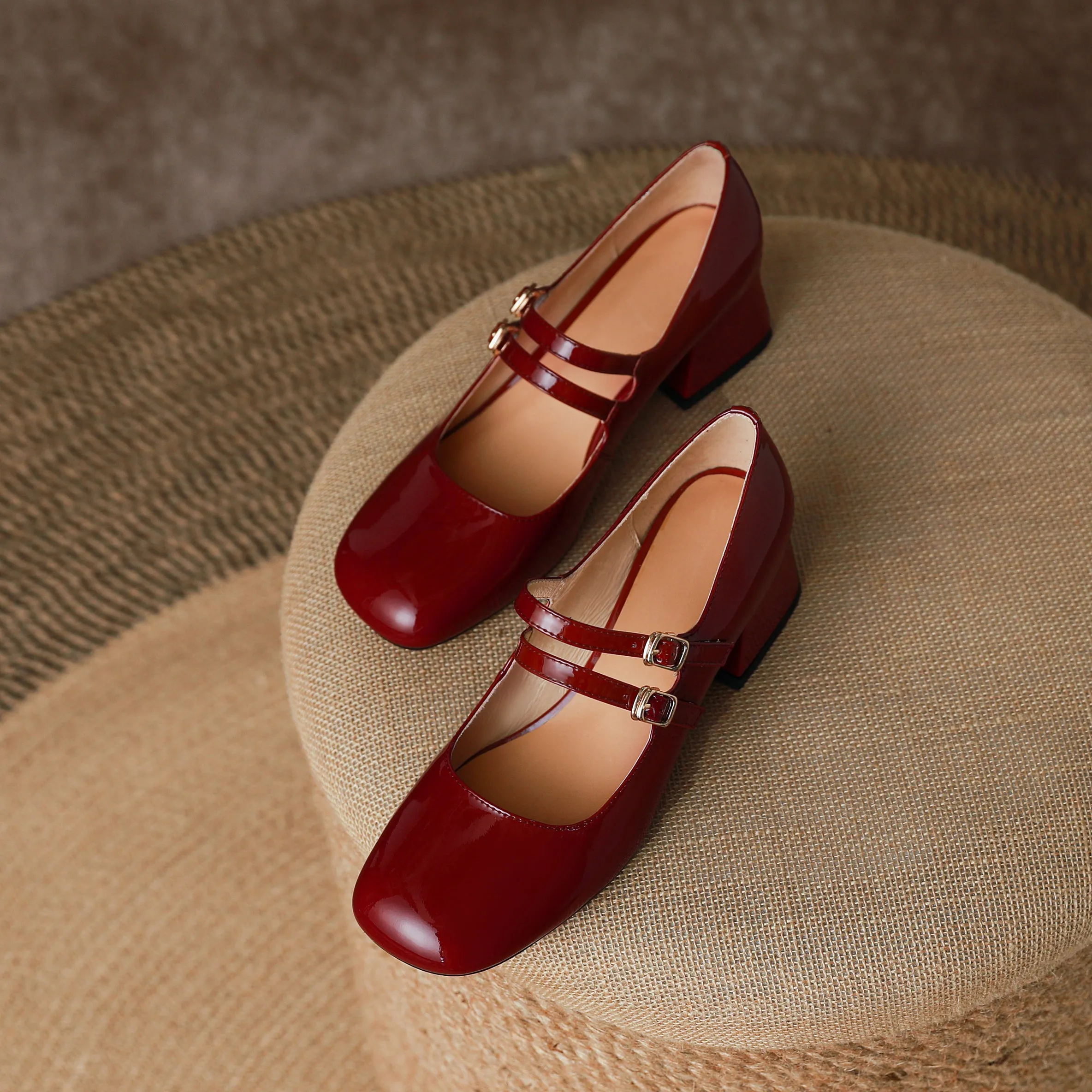 Womens Handmade Leather Square Toe Block Heels Mary Jane Shoes