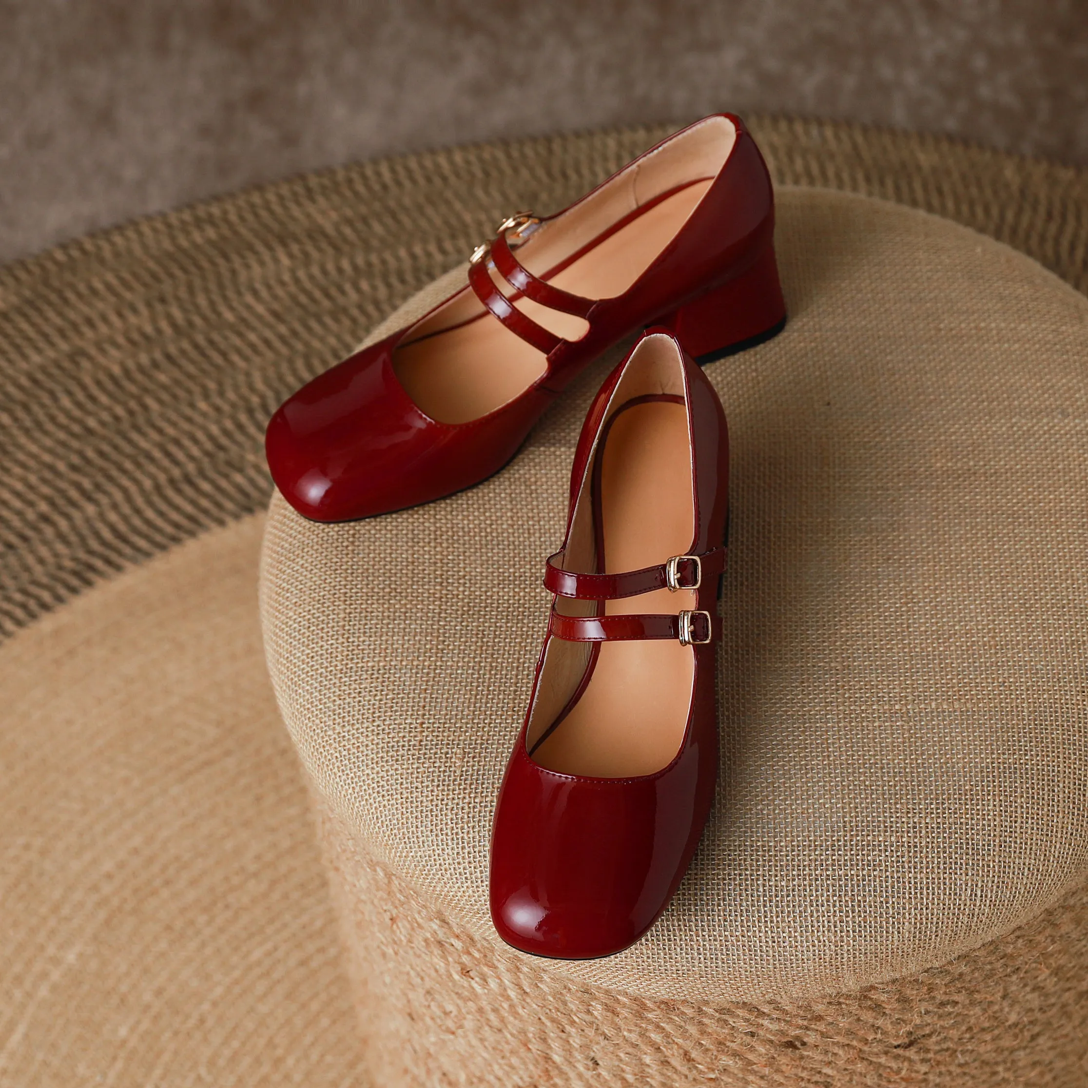 Womens Handmade Leather Square Toe Block Heels Mary Jane Shoes