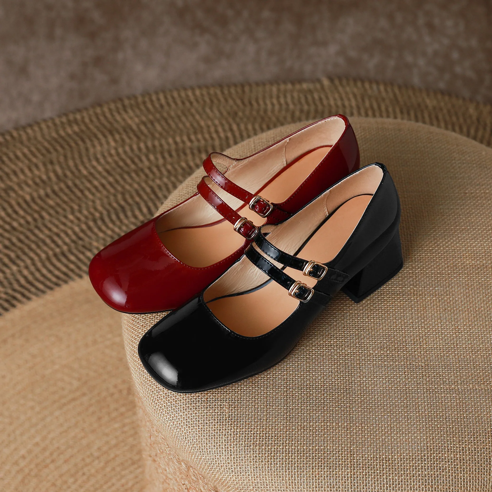 Womens Handmade Leather Square Toe Block Heels Mary Jane Shoes