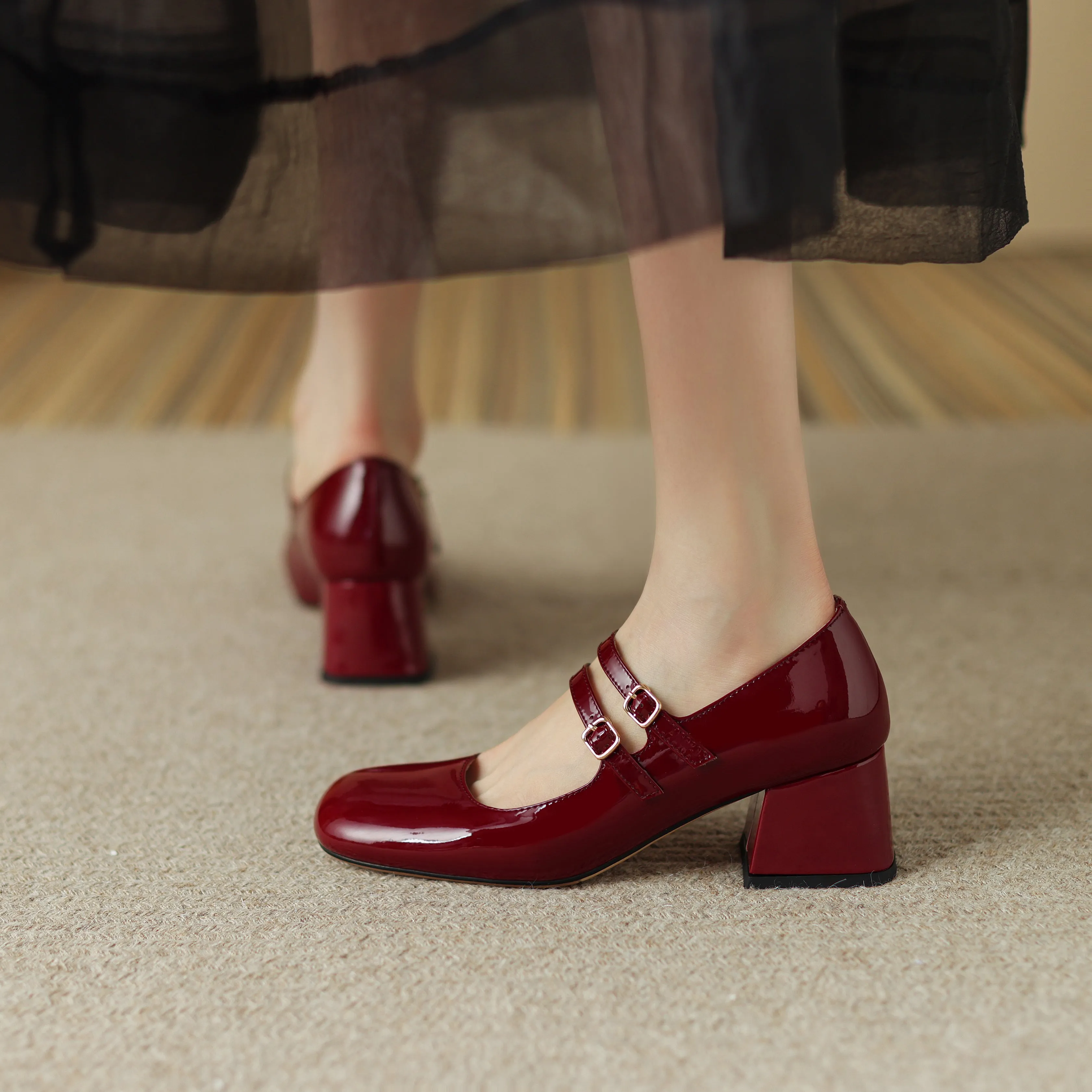 Womens Handmade Leather Square Toe Block Heels Mary Jane Shoes