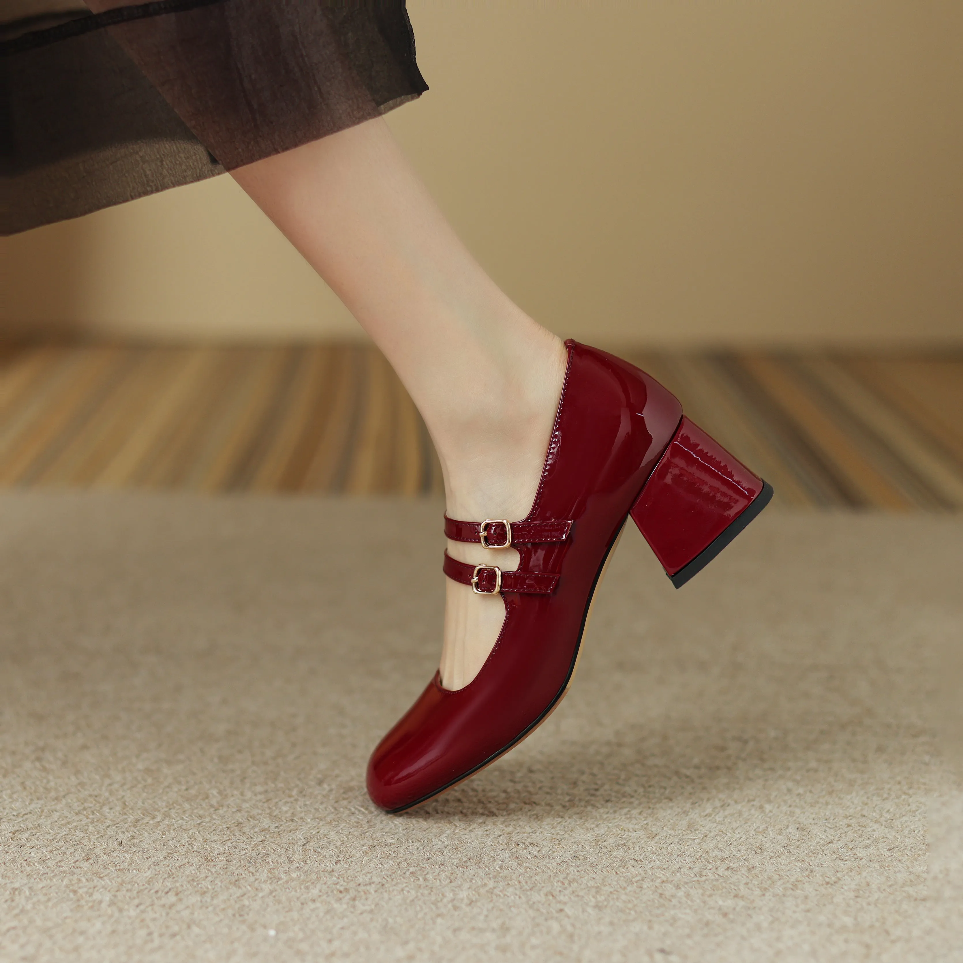 Womens Handmade Leather Square Toe Block Heels Mary Jane Shoes