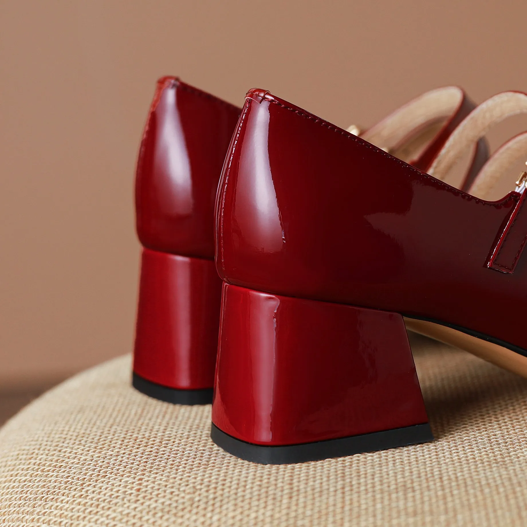 Womens Handmade Leather Square Toe Block Heels Mary Jane Shoes