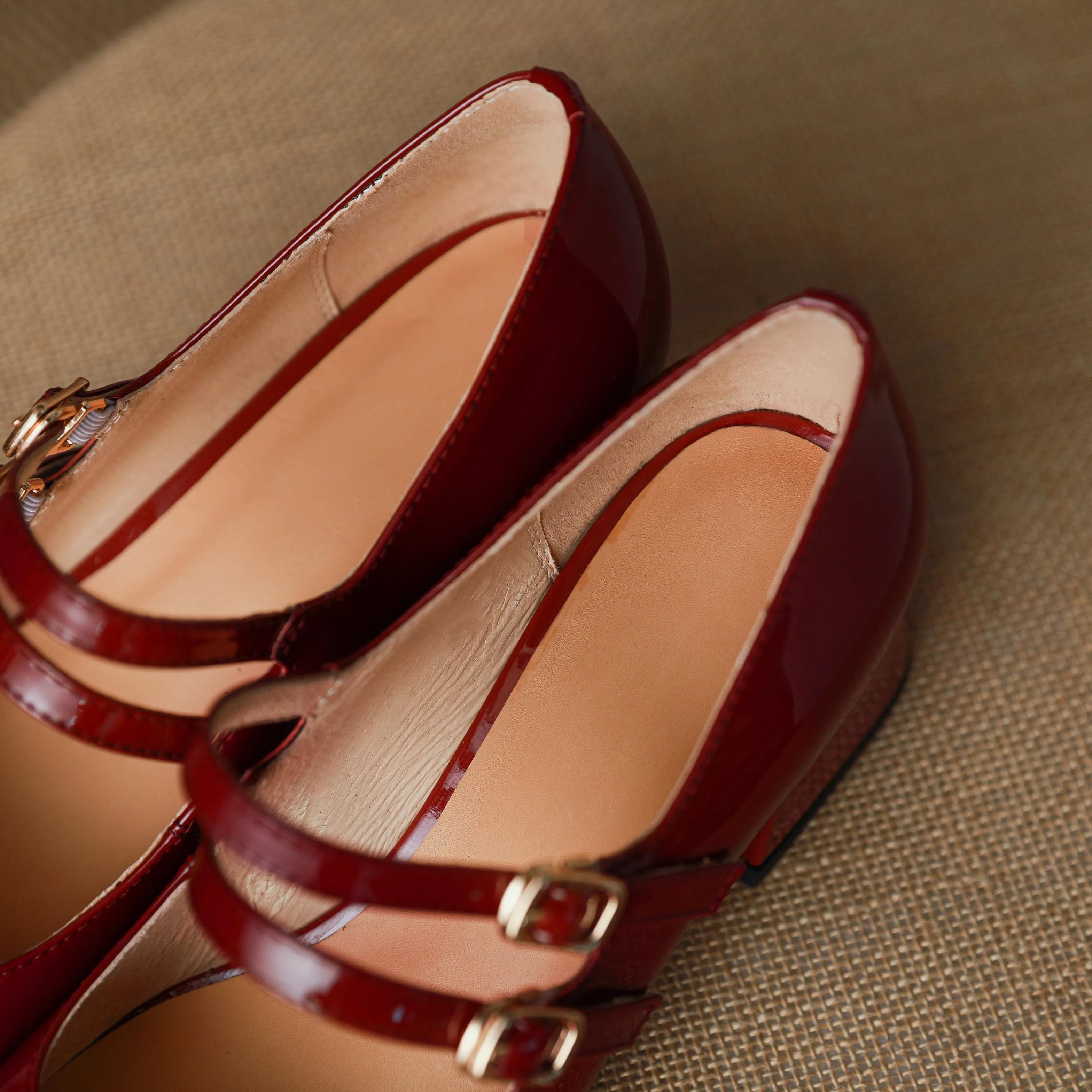 Womens Handmade Leather Square Toe Block Heels Mary Jane Shoes