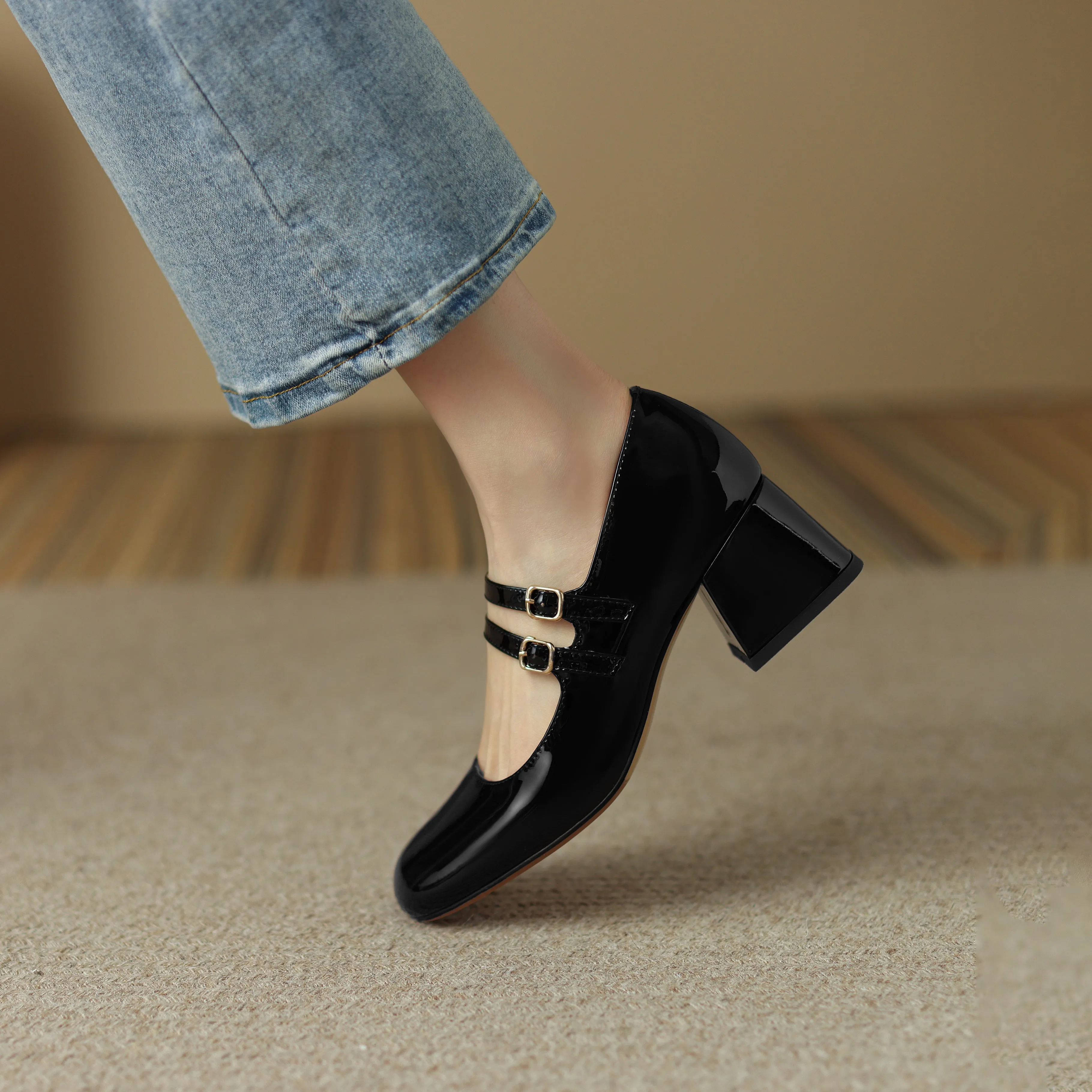 Womens Handmade Leather Square Toe Block Heels Mary Jane Shoes